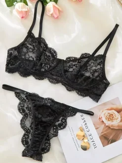 Ensemble soutien-gorge et culotte 2 pièces en dentelle jaune transparente à lacets