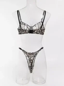 Ensemble soutien-gorge et culotte deux pièces marron à lacets et imprimé léopard