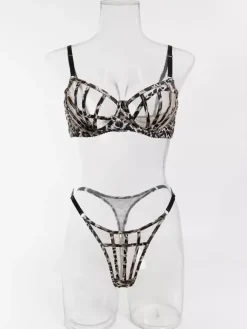 Ensemble soutien-gorge et culotte deux pièces marron à lacets et imprimé léopard