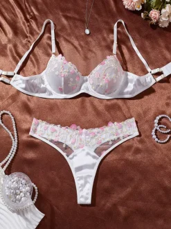 Ensemble soutien-gorge et culotte blancs transparents à imprimé floral (2 pièces)