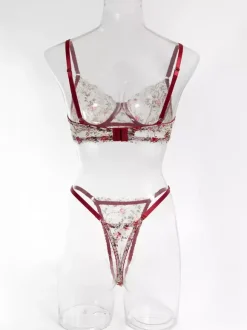 Ensemble soutien-gorge et culotte en dentelle rouge à imprimé floral deux pièces de lingerie.
