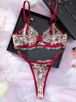 Ensemble soutien-gorge et culotte en dentelle rouge à imprimé floral deux pièces de lingerie.