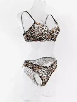 Ensemble soutien-gorge et culotte en dentelle marron imprimé léopard deux pièces