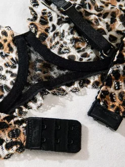 Ensemble soutien-gorge et culotte en dentelle marron imprimé léopard deux pièces