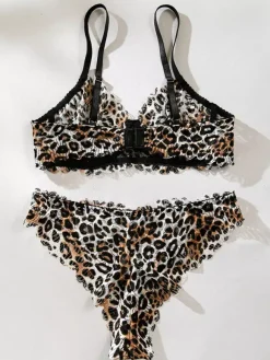 Ensemble soutien-gorge et culotte en dentelle marron imprimé léopard deux pièces