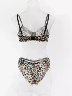 Ensemble soutien-gorge et culotte en dentelle marron imprimé léopard deux pièces