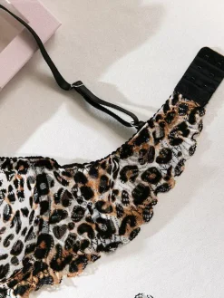 Ensemble soutien-gorge et culotte en dentelle marron imprimé léopard deux pièces