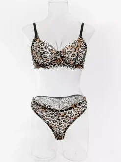 Ensemble soutien-gorge et culotte en dentelle marron imprimé léopard deux pièces