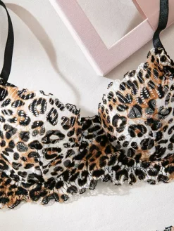 Ensemble soutien-gorge et culotte en dentelle marron imprimé léopard deux pièces