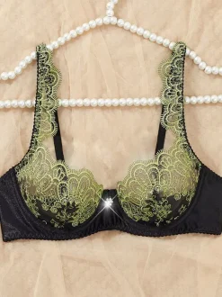Ensemble soutien-gorge et string à armatures broderie florale papillon noir et vert