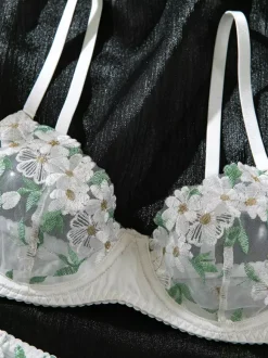 Ensembles 4 pièces de lingerie de mariée en résille blanche à imprimé floral et tulle transparent