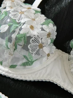 Ensembles 4 pièces de lingerie de mariée en résille blanche à imprimé floral et tulle transparent