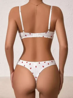 Ensembles 2 pièces de lingerie de mariée en dentelle à motif de fruits : soutien-gorge et culotte blancs