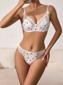 Ensembles 2 pièces de lingerie de mariée en dentelle à motif de fruits : soutien-gorge et culotte blancs