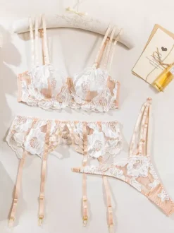 Ensembles 3 pièces de lingerie de mariée : soutien-gorge et culotte blancs transparents à imprimé floral