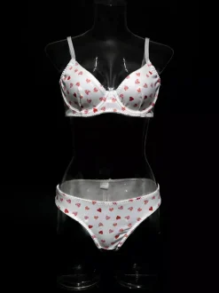 Ensembles 2 pièces de lingerie de mariée à motif c艙urs : soutien-gorge et culotte blancs.
