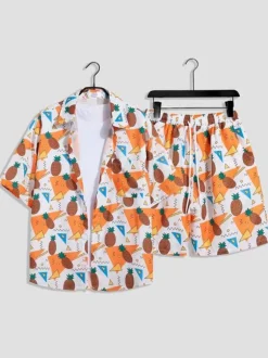 Ensembles pour hommes Vacances Décontracté Ensemble de tenue orange chic à manches courtes