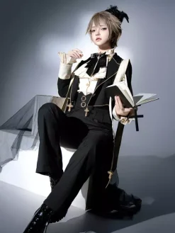 Ensembles robe Ouji Lolita gothique noire classique à volants chemise à manches longues croisées manteau et pantalon