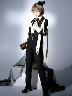 Ensembles robe Ouji Lolita gothique noire classique à volants chemise à manches longues croisées manteau et pantalon