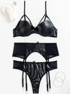 Ensembles soutien-gorge et culottes chaînes en polyester noir lingerie irrégulière pour adulte