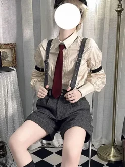 Ensemble Steampunk Lolita Salopette Pantalon Sans Manches Gris