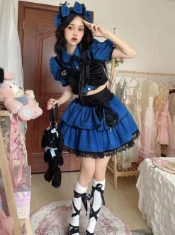Ensemble Style Idole Lolita Tenues Bleu Pois Manches Courtes Top Jupe