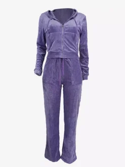 Ensemble survêtement en velours avec sweat à capuche zippé et pantalon pour femme 2026