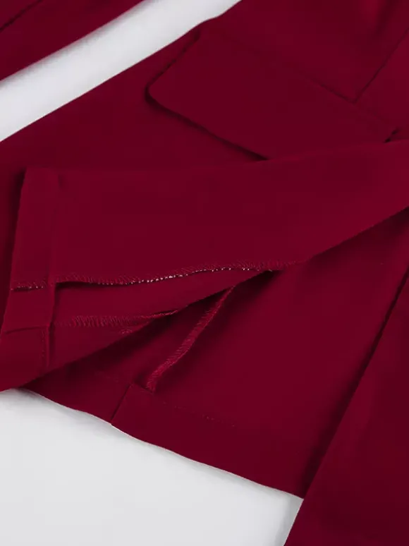Ensemble tailleur-pantalon élégant pour femme - Pantalon large rouge bordeaux à revers cranté et boutons dorés - Idéal pour les soirées d'affaires du printemps 2026