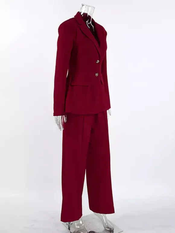 Ensemble tailleur-pantalon élégant pour femme - Pantalon large rouge bordeaux à revers cranté et boutons dorés - Idéal pour les soirées d'affaires du printemps 2026