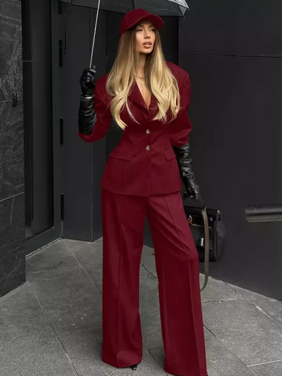 Ensemble tailleur-pantalon élégant pour femme - Pantalon large rouge bordeaux à revers cranté et boutons dorés - Idéal pour les soirées d'affaires du printemps 2026
