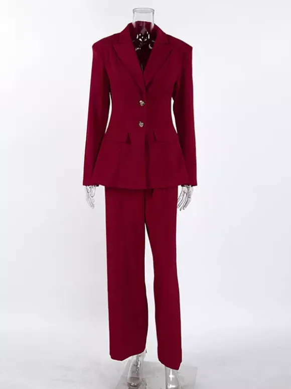 Ensemble tailleur-pantalon élégant pour femme - Pantalon large rouge bordeaux à revers cranté et boutons dorés - Idéal pour les soirées d'affaires du printemps 2026