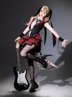 Ensemble trois pièces veste à capuche chemisier et jupe style gothique Lolita Midnight Bunny Rock
