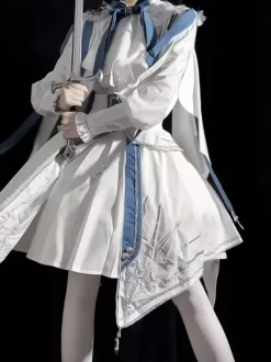 Ensemble uniforme militaire Lolita chemise à manches longues et jupe corset ensemble deux pièces costume Lolita de style prince chevalier blanc et bleu