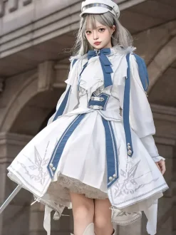 Ensemble uniforme militaire Lolita chemise à manches longues et jupe corset ensemble deux pièces costume Lolita de style prince chevalier blanc et bleu