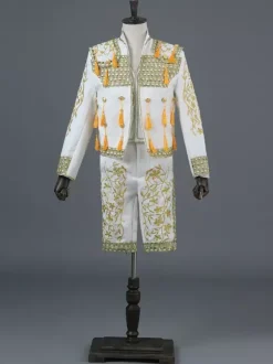 Ensemble vintage rouge à franges brodées vintage à manches longues et pantalon en polyester costumes rétro pour homme