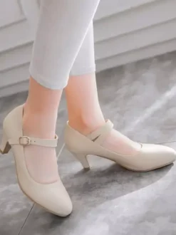 Escarpins à Mary Jane Talons Mi-Hautes à Cuir Synthétique avec Bout Rond Unicolore avec Boucles