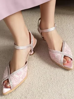 Escarpins à talons aiguilles et bout ouvert en dentelle et strass pour mère de la mariée