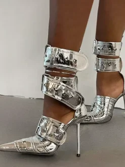 Escarpins à talons hauts et bout pointu avec bride boucle à la cheville pour femmes