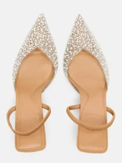 Escarpins à talons mi-bas pour femmes avec strass et bout pointu style streetwear blanc