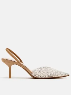 Escarpins à talons mi-bas pour femmes avec strass et bout pointu style streetwear blanc