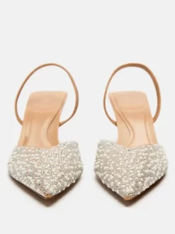 Escarpins à talons mi-bas pour femmes avec strass et bout pointu style streetwear blanc