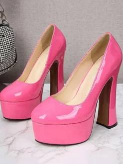 Escarpins avec Plateforme à Talons Hauts avec Bout Rond en Cuir Synthétique Unicolore