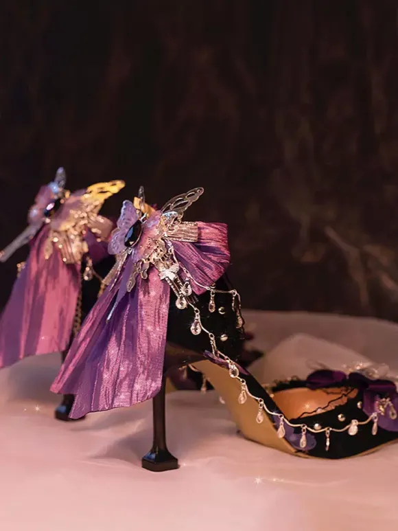 Escarpins Chaussures gothiques Lolita Chaînes noires N艙uds Volants à talons aiguilles