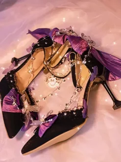 Escarpins Chaussures gothiques Lolita Chaînes noires N艙uds Volants à talons aiguilles