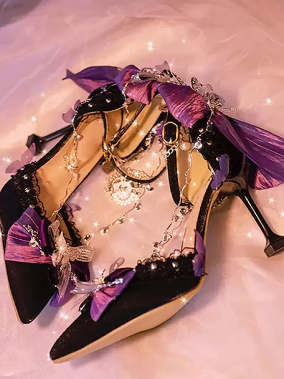 Escarpins Chaussures gothiques Lolita Chaînes noires N艙uds Volants à talons aiguilles