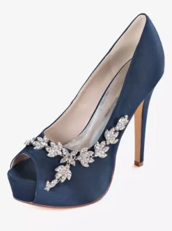 Escarpins de mariée ivoire en satin plateforme bout ouvert talon haut Chaussures de mariage