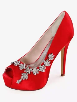 Escarpins de mariée ivoire en satin plateforme bout ouvert talon haut Chaussures de mariage