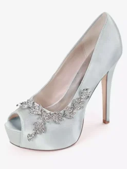 Escarpins de mariée ivoire en satin plateforme bout ouvert talon haut Chaussures de mariage