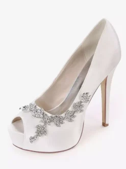 Escarpins de mariée ivoire en satin plateforme bout ouvert talon haut Chaussures de mariage