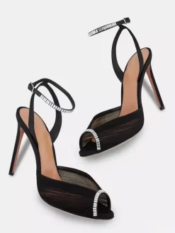 Escarpins de soirée à talons hauts en satin bout ouvert ornés de strass